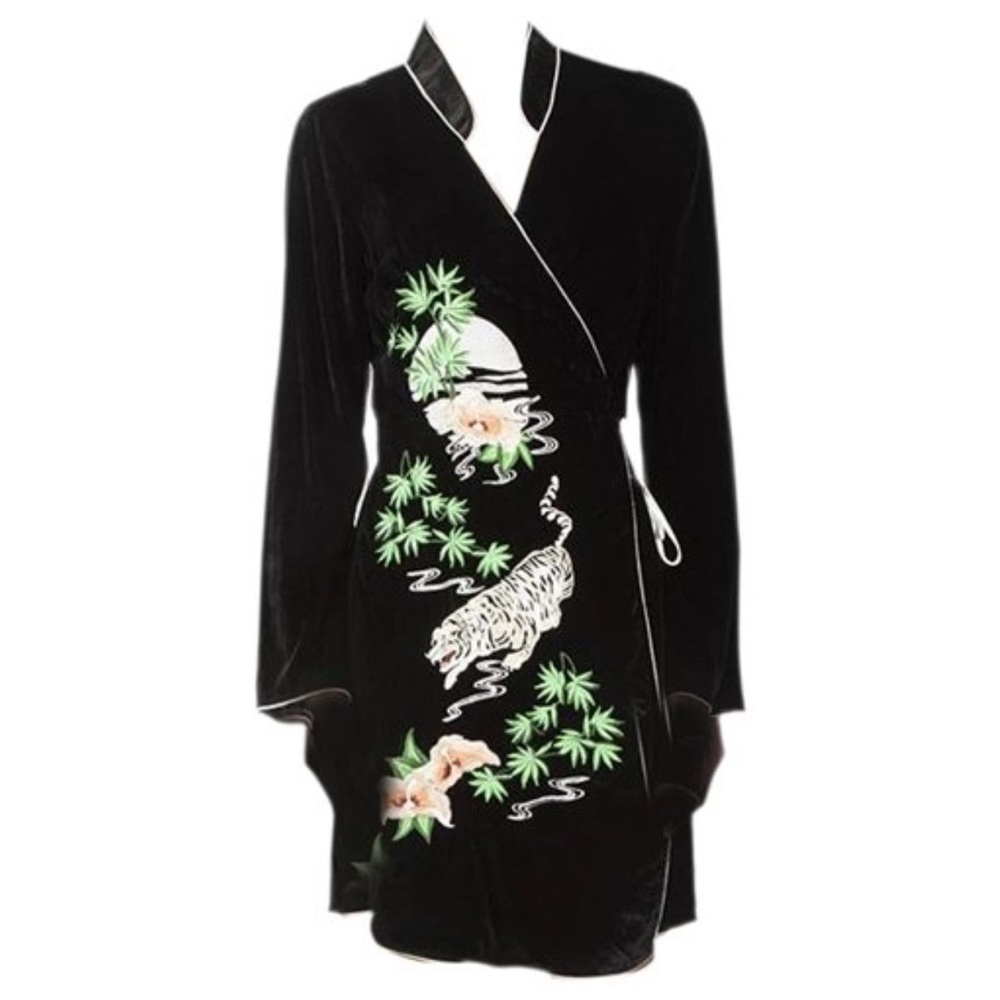 RIXO Black Long Sleeve Dress with Green and White Embroidery